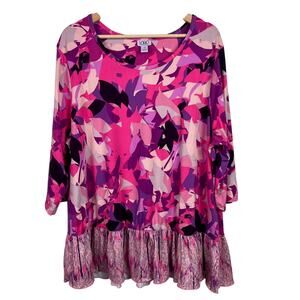 LOGO Lori Goldstein 2X Pink Abstract Leaves Print 3/4 Sleeve Top w/ Ruffle Hem